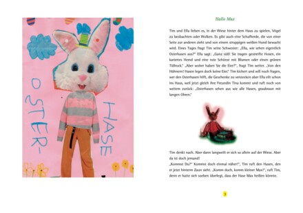 Doppelseite aus dem Buch: links eine Collage auf rosa Grund — ein Hasenkopf über einem gestreiften Pullover und einer Hose, daneben in Großbuchstaben „OSTERHASE“; rechts das Kapitel „Hallo Max“ mit einem kleinen gemalten Hasen.