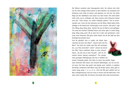 Doppelseite aus dem Buch: links ein gemalter dunkler Baum vor buntem Hintergrund; rechts Fließtext, daneben ein kleiner gemalter Hase.