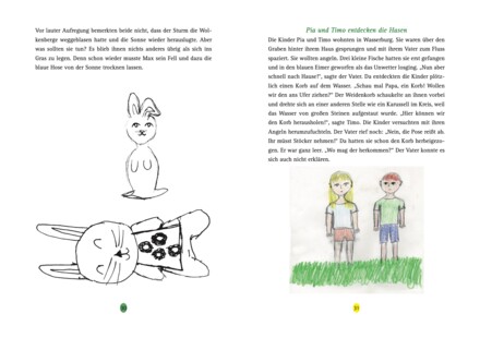 Doppelseite aus dem Buch: links Fließtext und eine Bleistiftzeichnung von zwei Hasen, einer sitzend, einer liegend mit einem Korb voller Ostereier; rechts das Kapitel „Pia und Timo entdecken die Hasen“ mit einer Buntstiftzeichnung von zwei Kindern auf grüner Wiese.