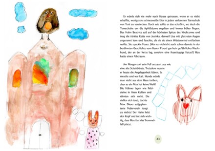 Doppelseite aus dem Buch: links eine gemalte Kirche mit bunten Fenstern, davor ein Hase im gepunkteten Kleid und ein Vogel auf dem Turm; rechts Fließtext mit einer gezeichneten Hasenfigur und einer blauen Kette.